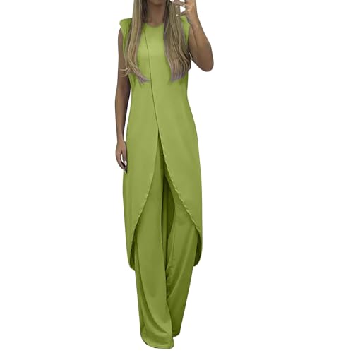 Festlicher Hosenanzug Damen Hochzeit Gast - Lässiges Zweiteiler Sommer Elegant Party Outfit Einfrabige 2 Teiler Clothes Aesthetic Business Anzug Lange Ärmellos Tank Top Luftige Locker Lange Hosen von Generic