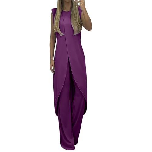 Festlicher Hosenanzug Damen Hochzeit Gast - Lässiges Zweiteiler Sommer Elegant Party Outfit Einfrabige 2 Teiler Clothes Aesthetic Business Anzug Lange Ärmellos Tank Top Luftige Locker Lange Hosen von Generic