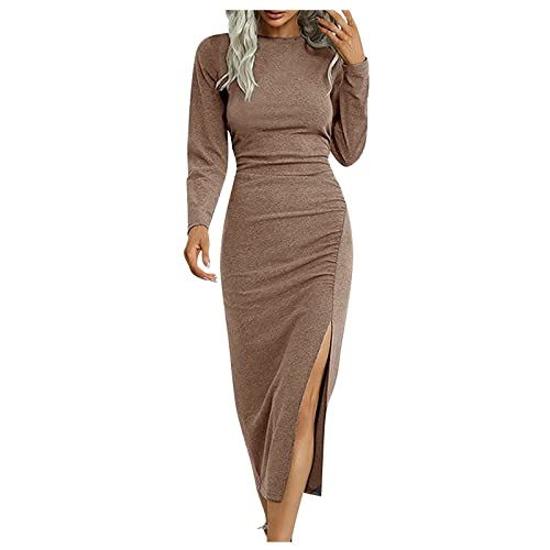 Festliches Kleid Damen Lang Klamotten Kleid Damen GroßE GrößEn&I3 Split Rundhals Langarm Midi Ballkleid Slim Fit Etuikleid Party Einfarbig Partykleid Khaki L von Generic