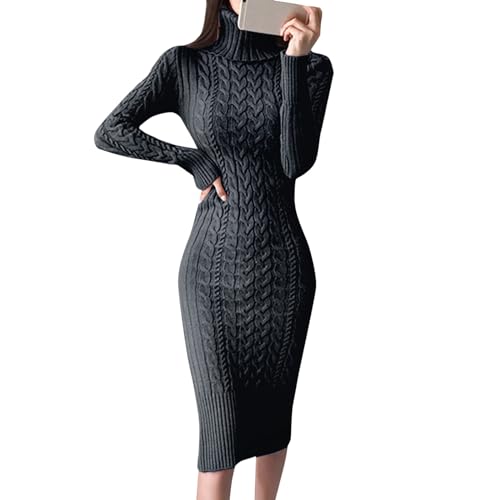 Figurbetonte Rollkragenpullover Kleider Lang Strickkleid für Damen, Gestrickte Rollkragen Pulloverkleid Midikleid, Langarm Grobstrick Sweatkleid Elegant Knielang Winterkleid für Fall (Black, XL) von Generic
