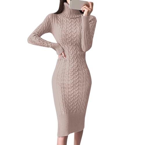 Figurbetonte Rollkragenpullover Kleider Lang Strickkleid für Damen, Gestrickte Rollkragen Pulloverkleid Midikleid, Langarm Grobstrick Sweatkleid Elegant Knielang Winterkleid für Fall Winter (L) von Generic