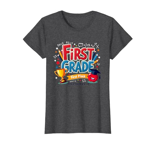 First Grade First Place 1st Grade Boy Achievement Trophäe T-Shirt, Damen, Anthrazit Meliert, XS First Grade First Place 1st Grade Boy Achievement Trophäe T-Shirt, Damen, Anthrazit Meliert, XS von Generic