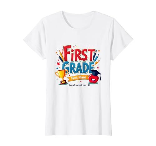 First Grade First Place 1st Grade Boy Achievement Trophäe T-Shirt, Damen, Weiß, XS First Grade First Place 1st Grade Boy Achievement Trophäe T-Shirt, Damen, Weiß, XS von Generic
