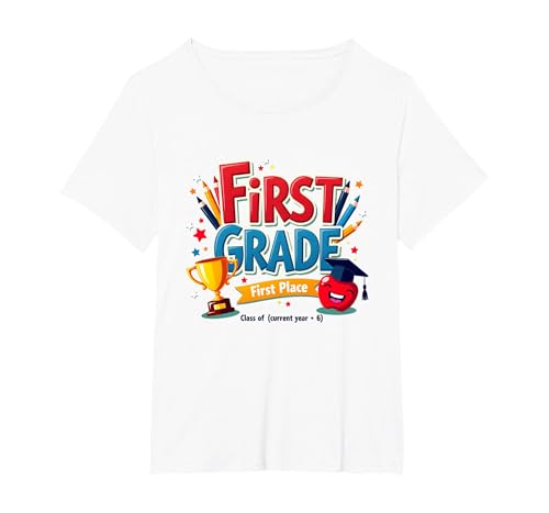 First Grade First Place 1st Grade Boy Achievement Trophäe T-Shirt, Damen Große Größen, Weiß, 1X von Generic