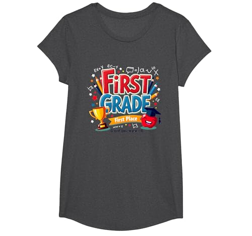First Grade First Place 1st Grade Boy Achievement Trophäe T-Shirt, Girls, Anthrazit Meliert, XS First Grade First Place 1st Grade Boy Achievement Trophäe T-Shirt, Girls, Anthrazit Meliert, XS von Generic