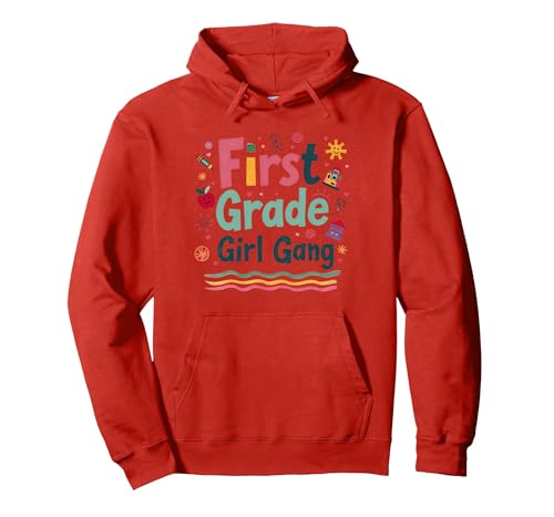 First Grade Girl Gang: Farbenfrohes Schulabenteuerteam Pullover Hoodie, Unisex für Erwachsene, Rot, L von Generic