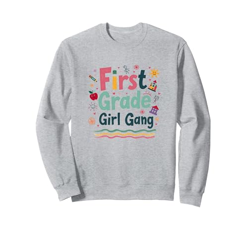 First Grade Girl Gang: Farbenfrohes Schulabenteuerteam Sweatshirt, Unisex für Erwachsene, Grau Meliert, M von Generic
