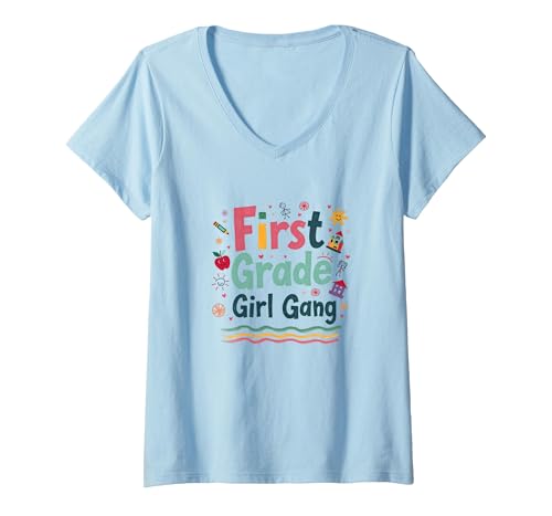 First Grade Girl Gang: Farbenfrohes Schulabenteuerteam T-Shirt mit V-Ausschnitt, Damen, Himmelblau, L von Generic
