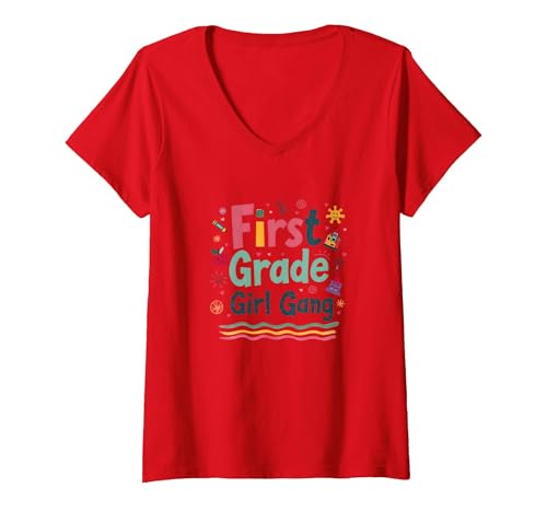 First Grade Girl Gang: Farbenfrohes Schulabenteuerteam T-Shirt mit V-Ausschnitt, Damen, Rot, S von Generic