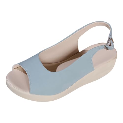 𝗙isch Mund Abendessen Keilabsatz Sandalen Damen mit Slingbacks und Memory 𝗙oam Freizeit Orthopädische Flach Sandalette Strass Strandschuhe lässige Outdoor Wanderschuhe (Blue, 36) von Generic