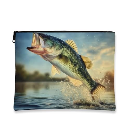 Fish Clip Art Make-up-Tasche, große Öffnung, Barsch, Angeln, Kunstwerk, Kosmetiktasche für Herren, tragbare Canvas-Reißverschlusstasche, Sommergeschenk, Hautpflege, Kulturbeutel, Mehrfarbig, 7x9 Inch von Generic