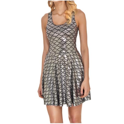 Fishscale Kleid, Damen Rock Plissee Print Meerjungfrau Skalen Rock Mädchen Rock, Silber M von Generic
