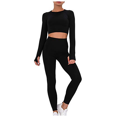 Fitness Set Damen Langarm - Sportanzüge 2 Teilig Workout Jogginganzug Sport Crop Top & Hohe Taille Yoga Leggings Nahtloses Trainingsanzug Laufen Freizeitanzug Gym Outfit Sportswear von Generic