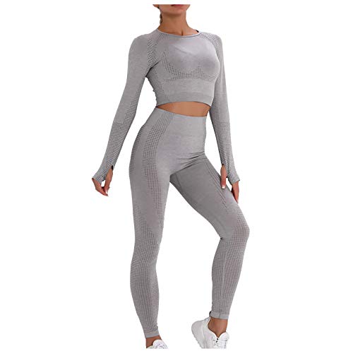Fitness Set Damen Langarm - Sportanzüge 2 Teilig Workout Jogginganzug Sport Crop Top & Hohe Taille Yoga Leggings Nahtloses Trainingsanzug Laufen Freizeitanzug Gym Outfit Sportswear von Generic