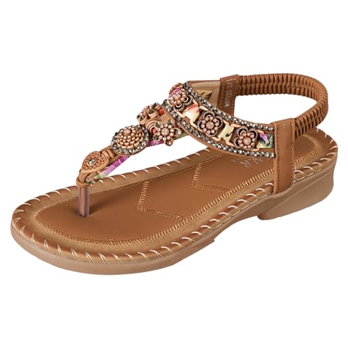 Flach Sandalen Damen Sommer mit Weiches Fussbett Bequem Zehentrenner Sandaletten Damen Elegant Boho Strand Flip Flops Breite Füße PU-Leder Orthopädische Sandalen mit Strass von Generic
