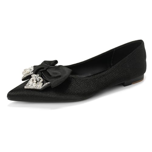 Flache Ballerinas Mit Spitzer Zehe Strass Satin Damen Slip On Schuhe Für Büro & Frühlingsausflüge Weiche Sohle Flacher Absatz,Schwarz,41 EU von MiaZane