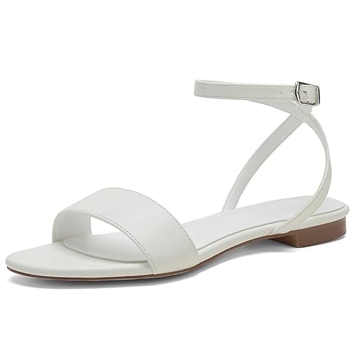 Flache Damen-Sandalen mit Knöchelriemen – Runde Offene Spitze, 1.5cm Bequeme Höhe, Weiß,Weiß,42 EU Flache Damen-Sandalen mit Knöchelriemen – Runde Offene Spitze, 1.5cm Bequeme Höhe, Weiß,Weiß,42 EU von Generic