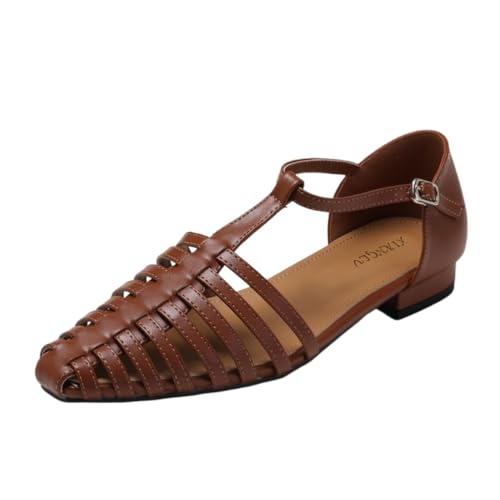 Flache Fischersandalen aus Leder für Damen mit T-Riemen, modisch, bequem, verstellbare Schnalle, Flache Römersandalen, lässig, atmungsaktiv, Strandschuhe,Braun,44 EU von Generic