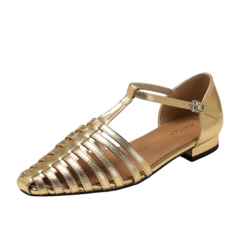 Flache Fischersandalen aus Leder für Damen mit T-Riemen, modisch, bequem, verstellbare Schnalle, Flache Römersandalen, lässig, atmungsaktiv, Strandschuhe,Gold,37 EU von Generic