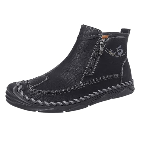 Flache Herren-Stiefel, runde Spitze, kurze Wanderstiefel, Wandern, Reißverschluss, weiche Sohle, rutschfest, modisch, für Herbst und Winter, bequem, Schwarz, 45 EU von Generic