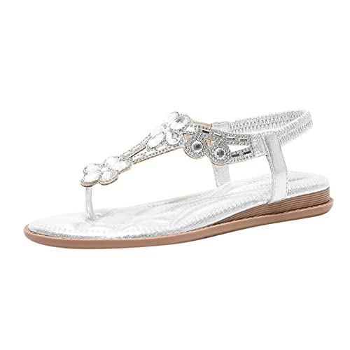 Flache Sandalen Damen Große Größen Weiche Strass Bohemia T-Riemen Sohlen Sommerschuhe Gummiband Slingback Elegante Schöne Mädchen Strandschuhe von Generic
