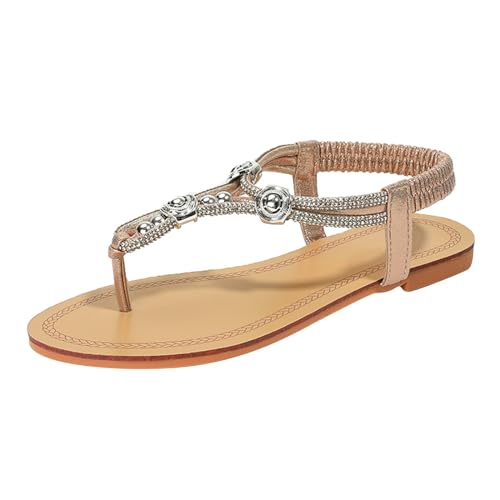 Flache Sandalen Damen Strass Boho T-Riemen Frauen Sandalen Weichen Sohlen Sommerschuhe Gummiband Slingback Zehentrenner Sandalen Mädchen Strandschuhe (02 Gold, 40) von Generic