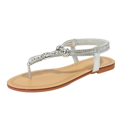 Flache Sandalen Damen Strass Boho T-Riemen Frauen Sandalen Weichen Sohlen Sommerschuhe Gummiband Slingback Zehentrenner Sandalen Mädchen Strandschuhe (02 Silber, 40) von Generic