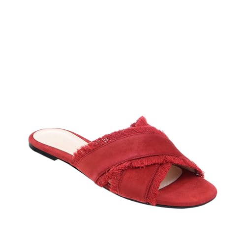 Flache Sandalen mit Quasten für Damen, Strandsandalen mit offener Zehenpartie gekreuztem Gürtel, Bequeme Flache Slipper zum Hineinschlüpfen Sommer rückenfreie Slides-Sandalen,Rot,39 EU von Generic
