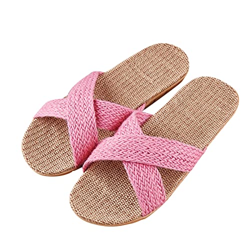 Flache Schuhe für Damen Sommer Hausschuhe Leinen Slipper Slip On Pantoffeln Atmungsaktive Schnell Trocknend Badelatschen Rutschfest Bequem Sommerschuhe Strandschuhe Flip Flops von Generic