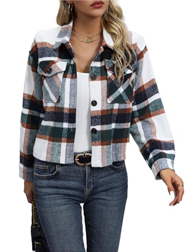 Flanell Damen Kurze Jacke Mode Kariertes Knopfhemd 2024 Herbst Mantel Tops,Grün,M von Generic