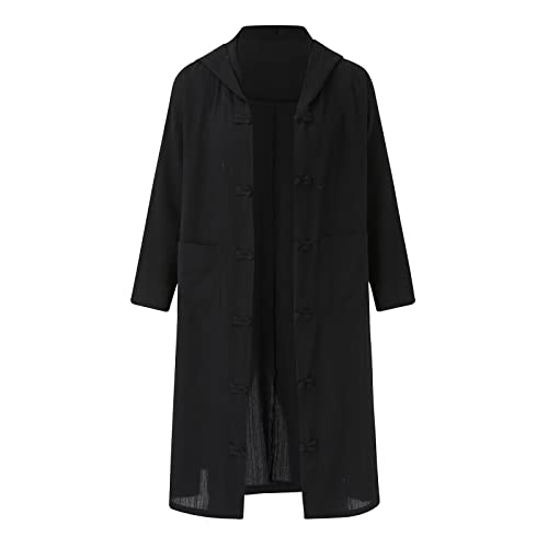 Fleece Cardigan Langer Trenchcoat aus Baumwolle und Leinen mit Kapuze, japanischer Retro-Mantel aus losem Leinen Herren Mantel Olive (Black, XXXL) von Generic