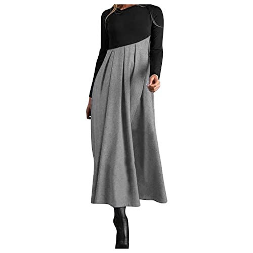 Fleece Kleid Damen Hochzeitskleid Kleid Damen Eng&I3 Vintage Patchwork V-Ausschnitt Maxi Kleid Langarm Casual Kleid Elegant Winter Minikleider Gray XL von Generic
