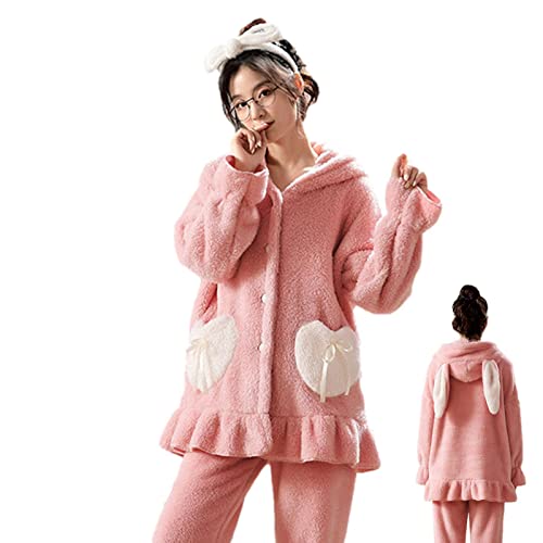 Fleece Pyjama Damen Verdickte Kaninchen Flauschiger Schlafanzug Langarm Und Leggings Warme Lounge Pyjamas Sets Winter Rosa von Generic