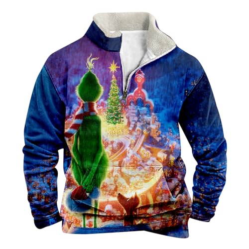 Fleece Sweatshirt Herren Grinch Pullover Weihnachtspullover mit Halbem Reißverschluss Stehkragen Lustig 3D Druck Wintermantel Weihnachts Oberteile Jungen Teenager Weihnachtspulli Chrismas Kostüm von Generic