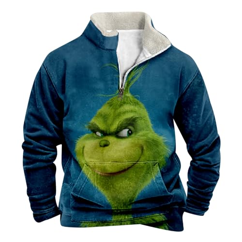 Fleece Sweatshirt Herren Grinch Pullover Weihnachtspullover mit Halbem Reißverschluss Stehkragen Lustig 3D Druck Wintermantel Weihnachts Oberteile Jungen Teenager Weihnachtspulli Chrismas Kostüm von Generic