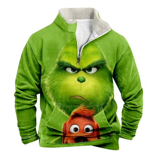 Fleece Sweatshirt Herren Grinch Pullover Weihnachtspullover mit Halbem Reißverschluss Stehkragen Lustig 3D Druck Wintermantel Weihnachts Oberteile Jungen Teenager Weihnachtspulli Chrismas Kostüm von Generic