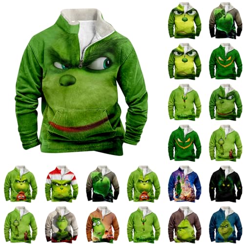 Fleece Sweatshirt Herren Grinch Pullover Weihnachtspullover mit Halbem Reißverschluss Stehkragen Lustig 3D Druck Wintermantel Weihnachts Oberteile Jungen Teenager Weihnachtspulli Chrismas Kostüm von Generic