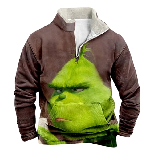 Fleece Sweatshirt Herren Grinch Pullover Weihnachtspullover mit Halbem Reißverschluss Stehkragen Lustig 3D Druck Wintermantel Weihnachts Oberteile Jungen Teenager Weihnachtspulli Chrismas Kostüm von Generic