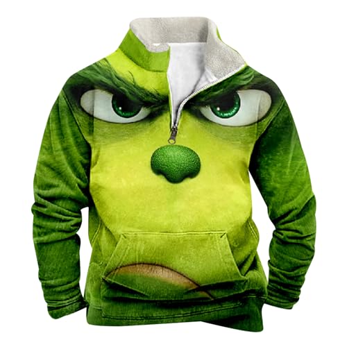 Fleece Sweatshirt Herren Grinch Pullover Weihnachtspullover mit Halbem Reißverschluss Stehkragen Lustig 3D Druck Wintermantel Weihnachts Oberteile Jungen Teenager Weihnachtspulli Chrismas Kostüm von Generic