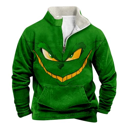 Fleece Sweatshirt Herren Grinch Pullover Weihnachtspullover mit Halbem Reißverschluss Stehkragen Lustig 3D Druck Wintermantel Weihnachts Oberteile Jungen Teenager Weihnachtspulli Chrismas Kostüm von Generic