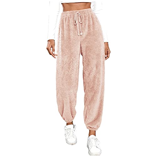 Fleecehose Plüschhose Damen Winter Pyjamahose Flauschig Elastische Taille Lounge Hose Haushose Schlafhose mit Kordelzug Sweatpants Freizeithose Verdickte Sporthosen Jogger Hose (Hell-Pink,S) von Generic