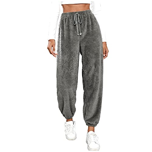 Fleecehose Plüschhose Damen Winter Pyjamahose Flauschig Elastische Taille Lounge Hose Haushose Schlafhose mit Kordelzug Sweatpants Freizeithose Verdickte Sporthosen Jogger Hose (dunkelgrau,3XL) von Generic