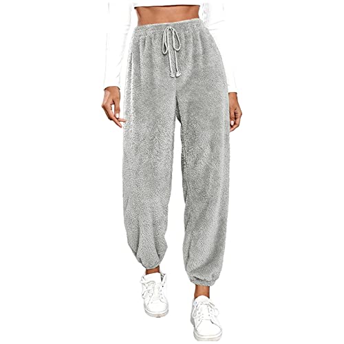 Fleecehose Plüschhose Damen Winter Pyjamahose Flauschig Elastische Taille Lounge Hose Haushose Schlafhose mit Kordelzug Sweatpants Freizeithose Verdickte Sporthosen Jogger Hose (hellgrau,3XL) von Generic