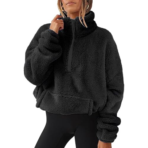 Fleecejacke Damen, Damen Winterjacke Warme Teddyfleece Jacke Stehkragen Pullover Teddy Mantel ohne Kapuze Casual Lose Plüschjacke Einfarbig Teddyjacke Damen Winter Oversize Wintermantel von Generic