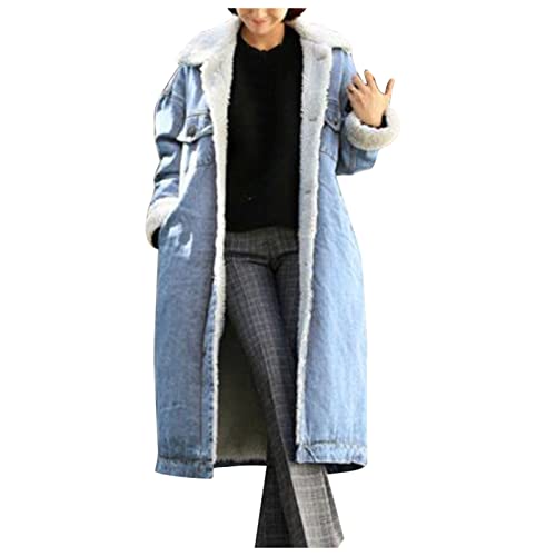 Fleecejacke Damen, Winterjacke Damen Warm Gefüttert Fleece Jeansjacke Winter Lange Denim Mantel Warme Dickere Winterparka Baumwolljacke Plüsch Ubergangsjacke Steppjacke Fleecejacken von Generic