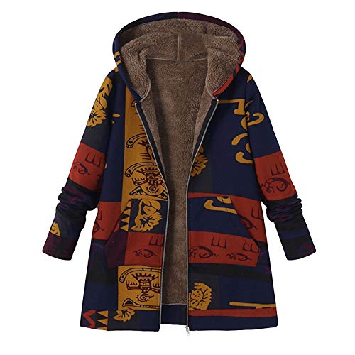 Fleecejacke Damen, Winterjacke Damen Warm Gefüttert Fleece Mantel mit Kapuze Retro Drucken Plüschjacke Full Zip Wintermantel Warme Dicke Plüschmantel Große Größen Kapuzenjacke Damenjacke von Generic