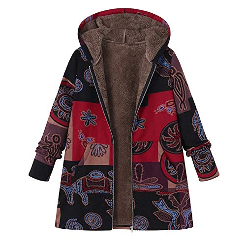 Fleecejacke Damen, Winterjacke Damen Warm Gefüttert Fleece Mantel mit Kapuze Retro Drucken Plüschjacke Full Zip Wintermantel Warme Dicke Plüschmantel Große Größen Kapuzenjacke Damenjacke von Generic