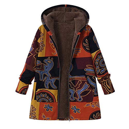 Fleecejacke Damen, Winterjacke Damen Warm Gefüttert Fleece Mantel mit Kapuze Retro Drucken Plüschjacke Full Zip Wintermantel Warme Dicke Plüschmantel Große Größen Kapuzenjacke Damenjacke von Generic
