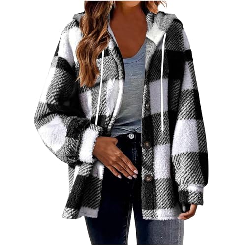 Fleecejacke Damen Karierte Kapuzenjacke Teddyfleece Winterjacke Winter Teddyjacke Kapuze Einreihiges Mantel Warm Weiche Plüschjacke Große Größen Hoodie Jacke Übergangsjacke Teddy Cardigan Outwear von Generic