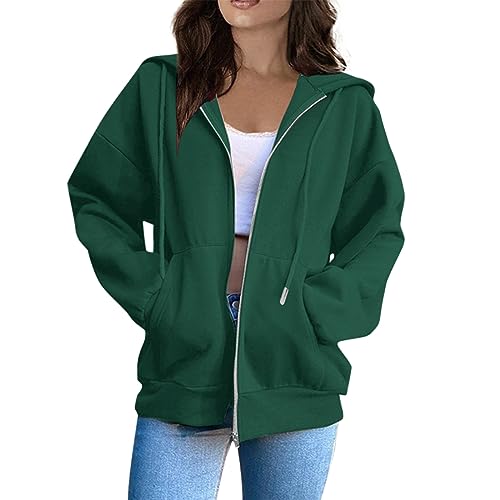 Fleecejacke Damen Lang, Laufjacke Sportjacke Trainingsjacke Langarm Fitness Yoga Jacke Leicht Atmungsaktive Full Zip Sweatjacke Mit Taschen Daumenloch, Oversize, Dunkelgrün, L von Generic